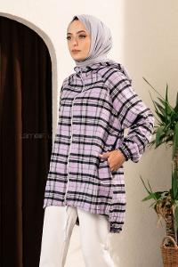 Modalamelif Ekose Desen Kapüşonlu Salaş Kap Lila