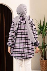 Modalamelif Ekose Desen Kapüşonlu Salaş Kap Lila