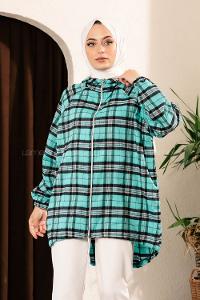 Modalamelif Ekose Desen Kapüşonlu Salaş Kap Su Yeşili