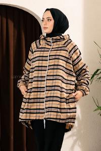 Modalamelif Ekose Desen Kapüşonlu Salaş Kap Sütlü Kahve