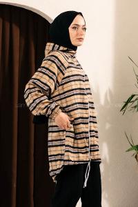 Modalamelif Ekose Desen Kapüşonlu Salaş Kap Sütlü Kahve