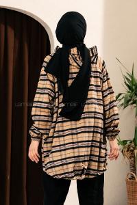 Modalamelif Ekose Desen Kapüşonlu Salaş Kap Sütlü Kahve