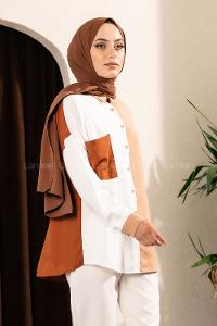 Modalamelif Jesica Renk Garnili Tek Cepli Gömlek Ekru-Sütlükahve