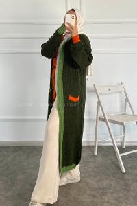 Modalamelif  Kapşonlu Garnili Salaş Hırka Haki