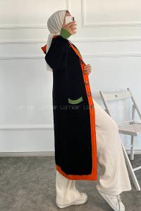 Modalamelif  Kapşonlu Garnili Salaş Hırka Siyah