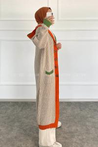 Modalamelif  Kapşonlu Garnili Salaş Hırka Taş Rengi