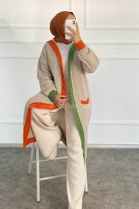 Modalamelif  Kapşonlu Garnili Salaş Hırka Taş Rengi