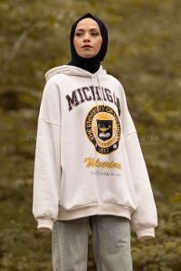 Modalamelif Kapüşon Detaylı Mıchıgan Baskılı Oversize Sweat Ekru
