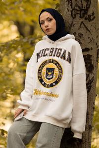 Modalamelif Kapüşon Detaylı Mıchıgan Baskılı Oversize Sweat Ekru