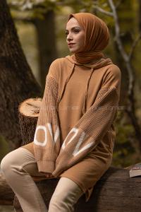 Modalamelif Kapüşonlu Kanguru Cep Triko Kol Garnili Sweat Camel