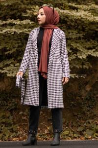 Modalamelif Kazayak Desenli Kuşak Bağlamalı Kaban Siyah