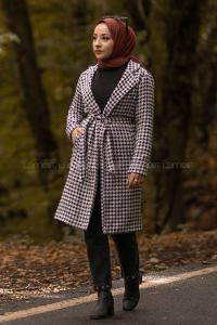 Modalamelif Kazayak Desenli Kuşak Bağlamalı Kaban Siyah