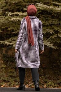 Modalamelif Kazayak Desenli Kuşak Bağlamalı Kaban Siyah