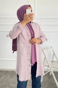 Modalamelif Kazayak Desenli Tek Cepli Uzun Püsküllü Gömlek Lila