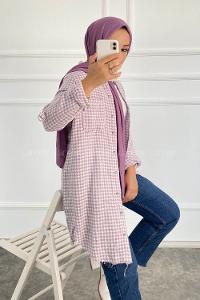 Modalamelif Kazayak Desenli Tek Cepli Uzun Püsküllü Gömlek Lila