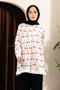 Modalamelif Kiraz Desenli Bisiklet Yaka Tunik Ekru