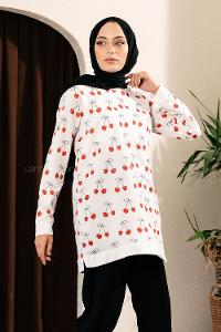 Modalamelif Kiraz Desenli Bisiklet Yaka Tunik Ekru