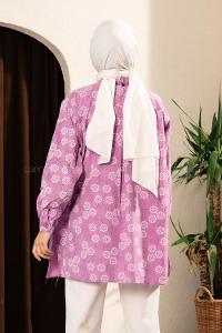 Modalamelif Önü Boydan Düğmeli Çiçek Desenli Yırtmaçlı Tunik Gömlek Lila