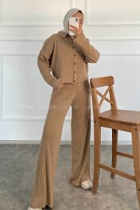 Modalamelif Önü Boydan Düğmeli Fitillli İkili Takım Sütlükahve