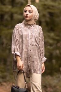 Modalamelif Önü Boydan Düğmeli Tek Cep Detaylı Desenli Gömlek Kahverengi