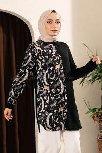 Modalamelif Önü Boydan Gizli Düğmeli Digital Baskılı Gömlek Siyah