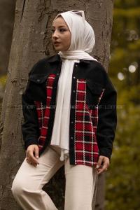 Modalamelif Önü Çıtçıt Düğmeli Kapak Cepli Ekose Gömlek Siyah-Kırmızı