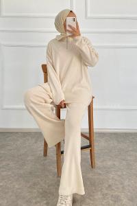 Modalamelif Önü Yarım Fermuarlu Kazak Pantolon İkili Takım Krem