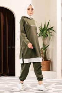 Modalamelif Önü Yazı Baskılı Kapüşonlu İkili Takım Haki