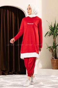 Modalamelif Önü Yazı Baskılı Kapüşonlu İkili Takım Kırmızı