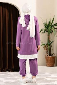 Modalamelif Önü Yazı Baskılı Kapüşonlu İkili Takım Mor