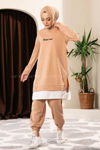 Modalamelif Önü Yazı Baskılı Kapüşonlu İkili Takım Sütlü Kahve
