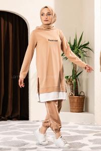 Modalamelif Önü Yazı Baskılı Kapüşonlu İkili Takım Sütlü Kahve