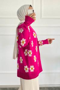 Modalamelif Papatya Desenli Önü Boydan Düğmeli Hırka Fuşya