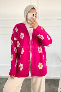 Modalamelif Papatya Desenli Önü Boydan Düğmeli Hırka Fuşya