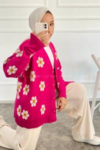 Modalamelif Papatya Desenli Önü Boydan Düğmeli Hırka Fuşya