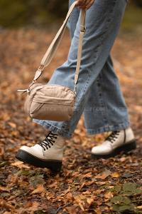 Lamelif Paraşüt Kumaş İki Fermuarlı Çapraz Çanta Vizonrengi