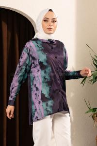 Modalamelif Püskürtme Boya Desen Tarz Gömlek Mor