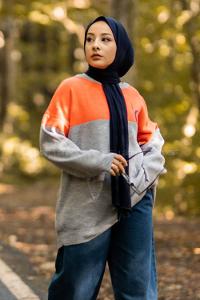 Modalamelif Renk Garnili M Baskılı Triko Kazak Gri-Oranj