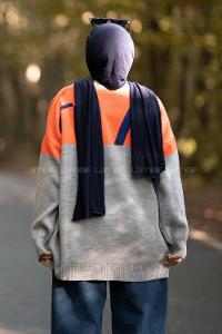 Modalamelif Renk Garnili M Baskılı Triko Kazak Gri-Oranj