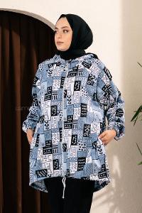 Modalamelif Soyut Desen Kapüşonlu Gizli Cepli Kap Açık Mavi