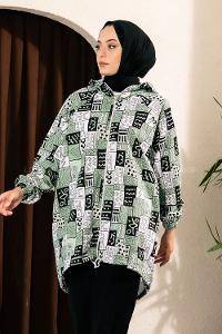 Modalamelif Soyut Desen Kapüşonlu Gizli Cepli Kap Çağla Yeşili