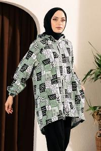 Modalamelif Soyut Desen Kapüşonlu Gizli Cepli Kap Çağla Yeşili