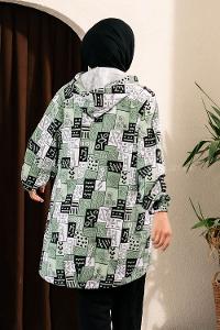 Modalamelif Soyut Desen Kapüşonlu Gizli Cepli Kap Çağla Yeşili