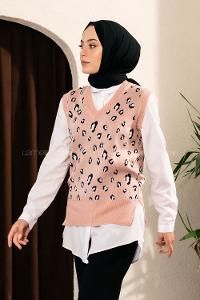 Modalamelif Soyut Desen V Yaka Süveter Pudra