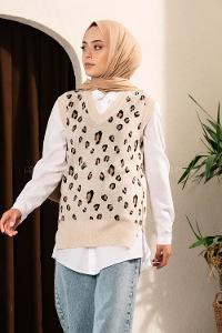 Modalamelif Soyut Desen V Yaka Süveter Taş Rengi