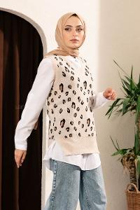 Modalamelif Soyut Desen V Yaka Süveter Taş Rengi