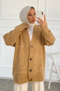 Modalamelif V Yaka Boydan Düğmeli Oversize Triko Hırka Camel