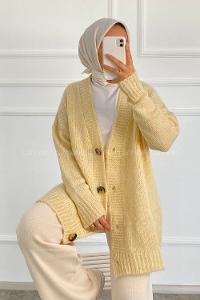 Modalamelif V Yaka Boydan Düğmeli Oversize Triko Hırka Krem