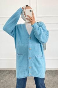 Modalamelif V Yaka Boydan Taş Düğmeli Çift Cepli Triko Hırka Bebe Mavisi