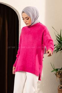 Modalamelif Yanı Yırtmaçlı Oversize Kazak Fuşya